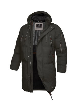 Giacca parka imbottita di colore verde scuro con texture trapuntata, cappuccio regolabile, numerose tasche con zip e chiusura frontale con zip.