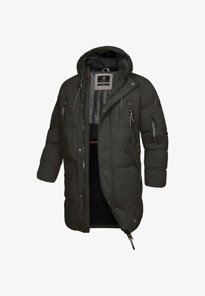 Gepolsterte Parka-Jacke in dunkelgrün mit gesteppter Textur, verstellbarer Kapuze, mehreren Reißverschluss-Taschen und einem Frontreißverschluss.