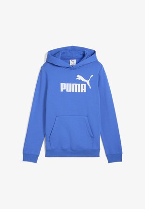 Helderblauwe hoodie met een groot wit "PUMA"-logo en een springende poema-design, inclusief een voorzak.