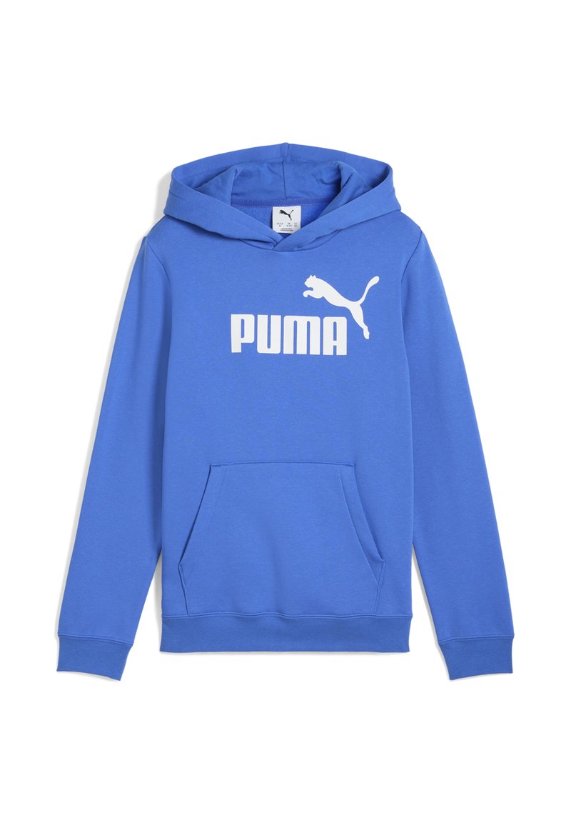 Felpa con cappuccio blu brillante caratterizzata da un grande logo bianco "PUMA" e un design di un puma in salto, inclusa una tasca frontale.