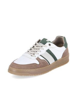 Niski sneaker z białej skóry, brązowymi akcentami z tkaniny, zielonymi detalami, beżowymi sznurowadłami i jasnobrązową gumową podeszwą.