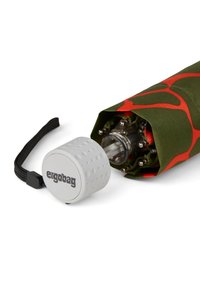 Green umbrella with red pattern, featuring a white ergonomic handle with textured grip and the "ergobag" logo. Closed design displays umbrella frame.