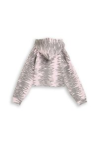 Felpa corta rosa con motivo a strisce zebrate grigie, maniche lunghe e cappuccio attaccato, posata piatta a mostrare il retro.