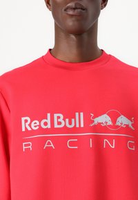 Crvena dukserica s velikim srebrnim logotipom "Red Bull Racing", okrugli izrez i mekana tekstura. Dva bijela grafika bika na logotipu.
