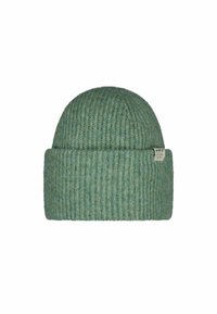 Knitted beanie in muted green, featuring a ribbed texture with a folded cuff. Small label on the side. Soft material for warmth.