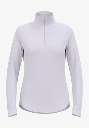 Hellgraues Langarmoberteil mit einem halbseitigen Reißverschlusskragen, hergestellt aus einem glatten Stoff. Verfügt über Raglanärmel und ein dezentes Logo auf der Brust.