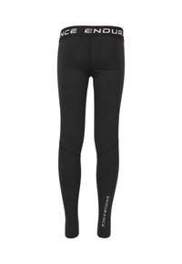 Schwarze Leggings aus dehnbarem Stoff, mit einem breiten Bund, auf dem "ENDURANCE" in Weiß steht, und einem eleganten, schlanken Design.