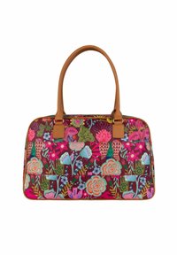 Handtasche mit floralem Muster und burgunderfarbener Basis, ausgestattet mit lebhaften Farben und Motiven; ergänzt durch Griffe und Besätze aus braunem Synthetikleder.