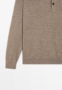 Maglione marrone a maglia con colletto, maniche lunghe e due bottoni neri. Il tessuto ha un aspetto testurizzato sottile.