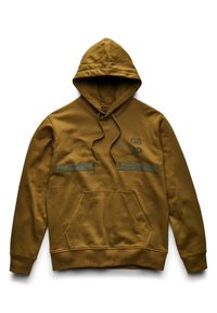 Sudadera verde oliva con un bolsillo frontal, capucha con cordón y dos acentos horizontales. Presenta bordado "GS 89" en color oscuro. Tejido suave.
