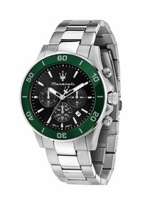 Edelstahl-Uhr mit schwarzem Ziffernblatt, grünem Lünette, drei Zifferblättern und silbernen Akzenten. Verfügt über ein Gliederarmband und eine Datumsanzeige.