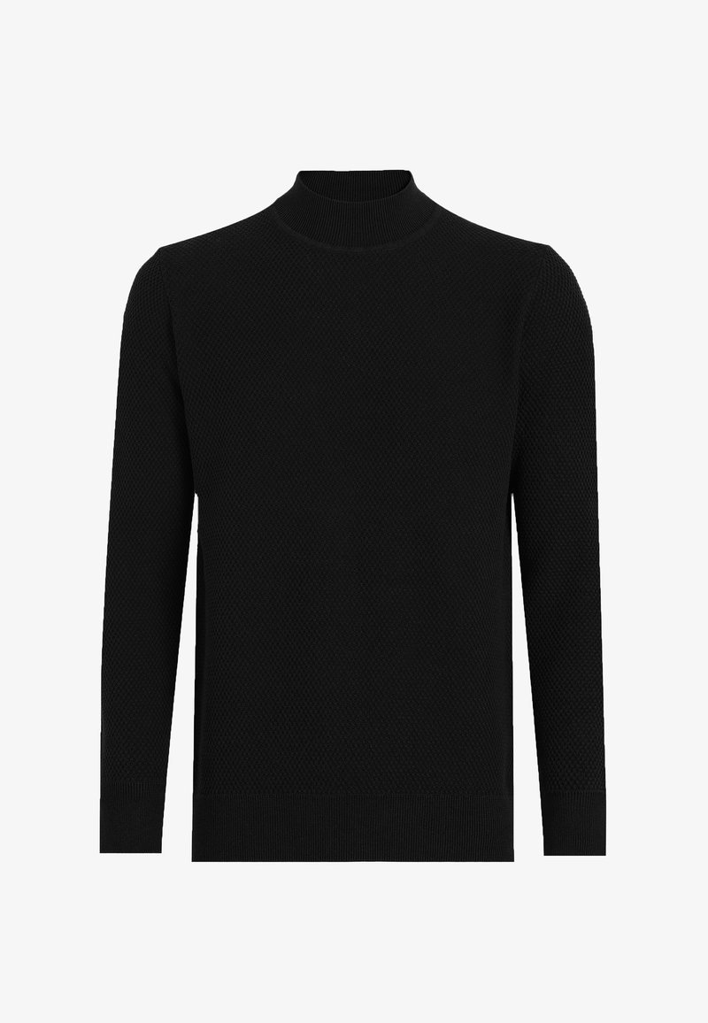 Pull en maille noire à manches longues avec un motif texturé et un col montant, présenté sur fond blanc.