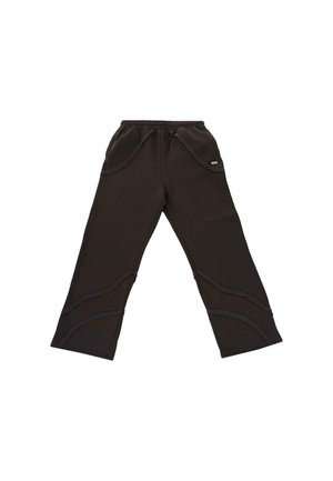 Pantaloni neri con accenti a cucitura curva, vita elasticizzata, tasche laterali e tessuto morbido e liscio. Design a gamba dritta senza risvolti.