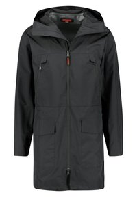 Parka noire imperméable pour homme avec capuche, fermeture éclair frontale et quatre poches zippées et à rabat.