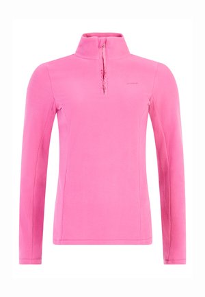 Fleece pullover in felroze, met een hoge kraag en een kwart rits. Gladde textuur met lange mouwen en subtiele branding op de borst.