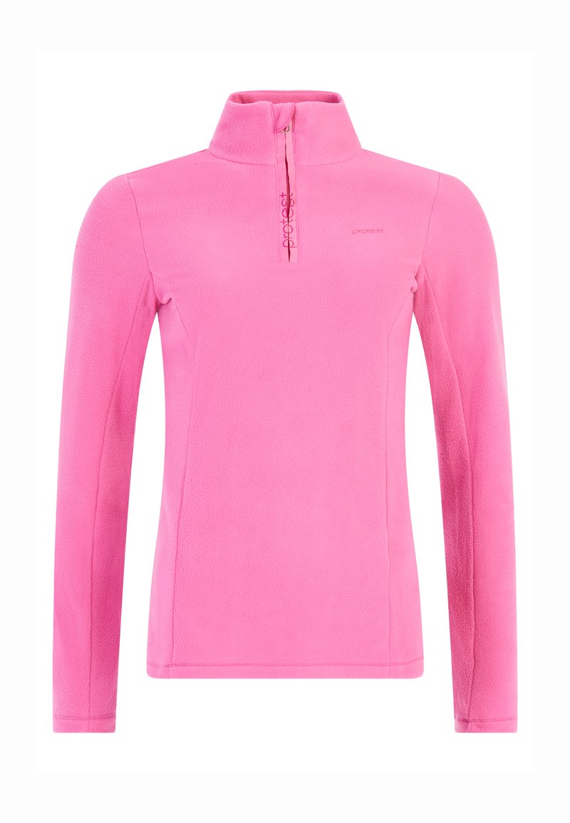 Fleece-Pullover in leuchtendem Pink, mit hohem Kragen und Viertel-Reißverschluss. Glatte Textur mit langen Ärmeln und dezentem Branding auf der Brust.