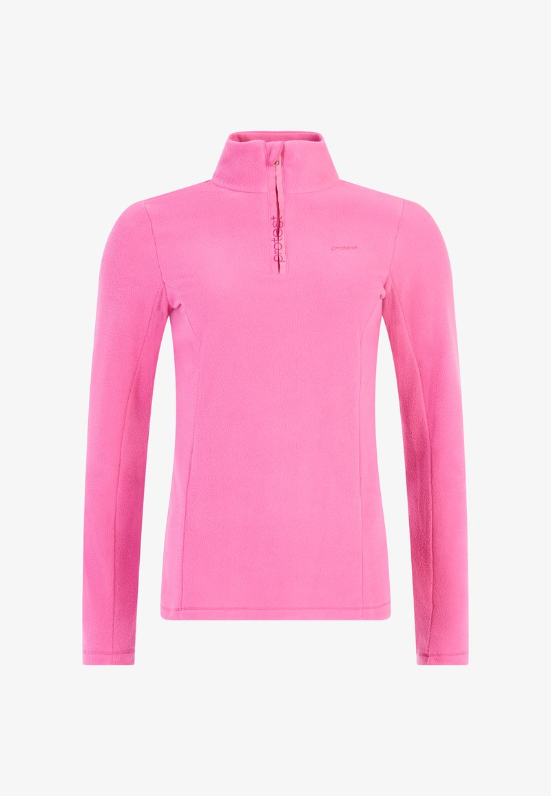 Pullover in pile di colore rosa brillante, con colletto alto e zip a un quarto. Texture morbida con maniche lunghe e marchio discreto sul petto.