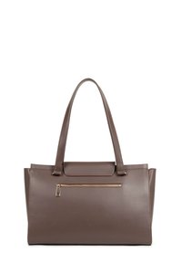 Borsa a tracolla in pelle marrone con manici lunghi e una tasca orizzontale con zip dorata sul fronte, su sfondo bianco.