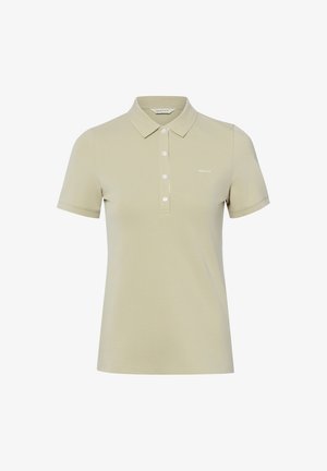 Beige kurzärmliges Poloshirt mit Kragen und vier weißen Knöpfen, mit kleinem "GANT"-Logo auf der linken Brust.