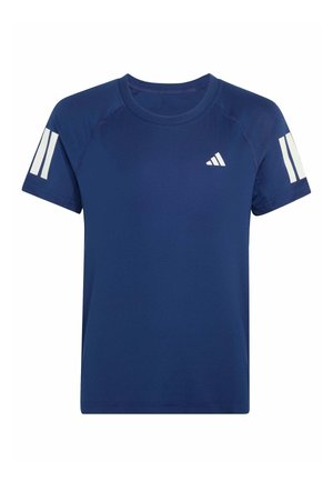 Mørkeblå kortærmet sportstrøje med hvid Adidas-logo foran og to hvide striber på hver ærme.