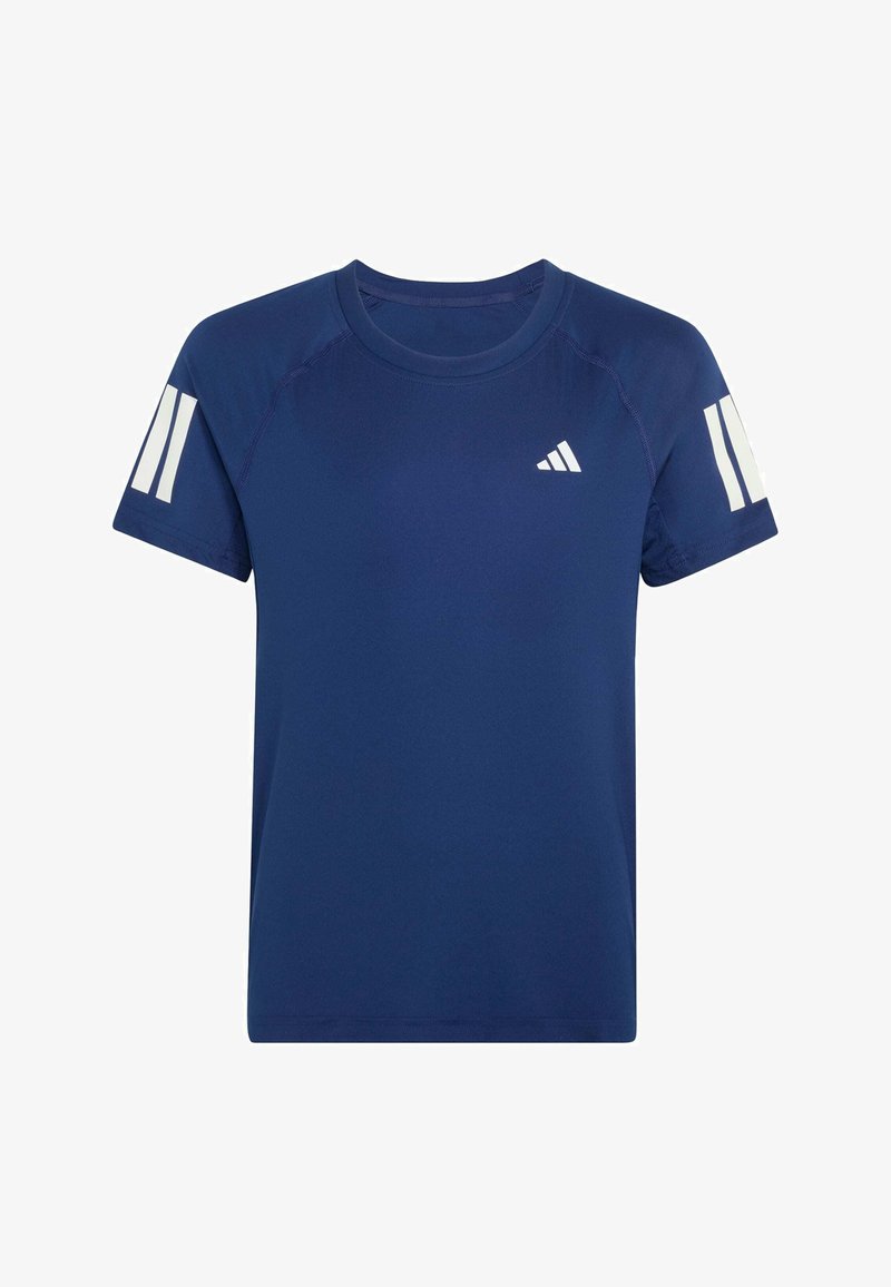 T-shirt de sport bleu marine à manches courtes avec logo Adidas blanc sur le devant et deux bandes blanches sur chaque manche.