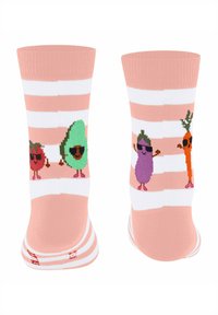 Kniestrümpfe in Pink und Weiß gestreift, mit Cartoon-Früchten und -Gemüse: einer roten Tomate, einer grünen Avocado, einer lila Aubergine und einer orangefarbenen Karotte.