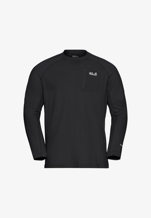 Chemise noire à manches longues en matériau léger avec une poche poitrine zippée, dotée de coutures à plat et d'un col rond. Logo de la marque affiché.