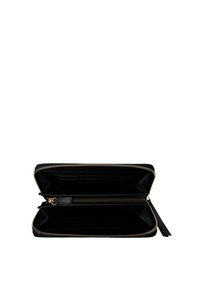 Black leather wallet with a gold zipper, featuring multiple card slots, a zippered coin pocket, and a smooth inner texture.