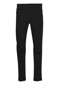 Pantaloni negri ușori, cu două buzunare frontale și închidere cu nasture. Textură netedă, croială slim și cusături la genunchi pentru un detaliu de design suplimentar.