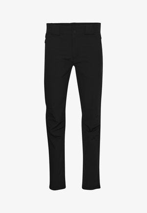 Pantaloni negri ușori, cu două buzunare frontale și închidere cu nasture. Textură netedă, croială slim și cusături la genunchi pentru un detaliu de design suplimentar.