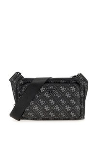 Bolso bandolera negro con estampado, hecho de material sintético, que cuenta con un cierre de cremallera, correa ajustable y un acento de logo metálico.