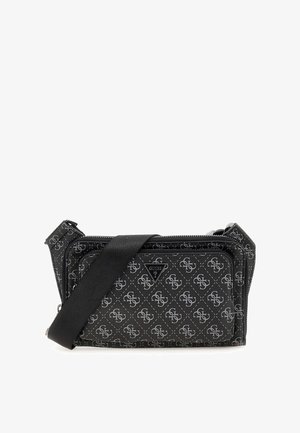 Borsa a tracolla nera con motivo, realizzata in materiale sintetico, con chiusura a zip, cintura regolabile e accento del logo metallico.