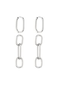 Orecchini in metallo argentato con forme ovali e rettangolari collegate in un design a cascata, con una finitura lucida e una superficie liscia.