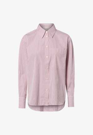 Striped button-up shirt in light red and white. Features a collar, front pocket, and long sleeves with button cuffs. Soft fabric texture.