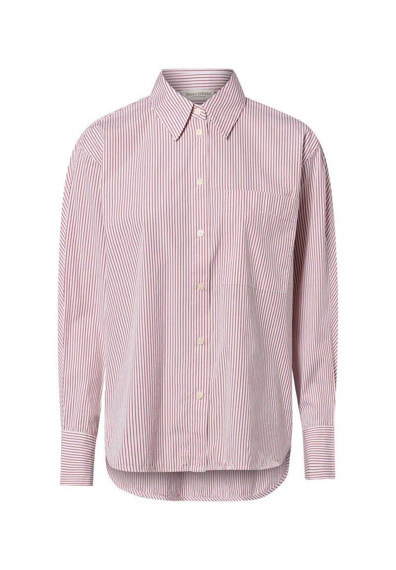 Koszula na guziki w paski w jasnoczerwonym i białym kolorze. Posiada kołnierzyk, kieszeń na przodzie oraz długie rękawy z mankietami na guziki. Miękka faktura tkaniny.