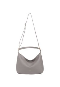 Borsa a spalla in pelle grigia con design curvo, dettagli in metallo dorato e una sola tracolla regolabile. Texture liscia, stile minimalista.