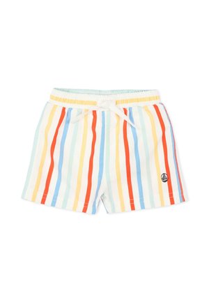 Costume da bagno per bambini con righe verticali rosse, gialle, blu e verde chiaro, con vita elastica e coulisse bianca.