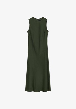 Ärmelloses A-Linie-Kleid in Dunkelgrün, mit hohem Ausschnitt, glattem Stoff und einem dezenten Reißverschluss auf der Rückseite.