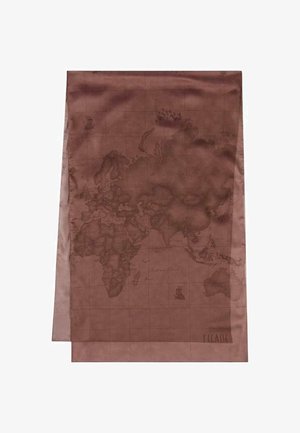 Sciarpa di seta con motivo della mappa del mondo in marrone, finitura ad alta lucentezza, con linee della griglia e piccole illustrazioni di navi, texture morbida.