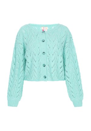 Gekürzter Cardigan in Mintgrün, gestrickt mit einem Spitzenmuster. Verfügt über lange Ärmel, einen runden Ausschnitt und fünf Knöpfe auf der Vorderseite.