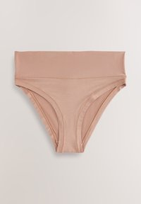 Telové bavlnené bikiny nohavičky s širokým pásom, bezšvovými okrajmi a hladkou textúrou. Minimalistický dizajn bez vzorov.