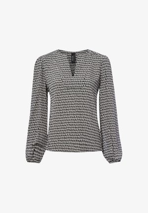 Langärmlige Bluse in Schwarz und Weiß mit einem gemusterten Design, featuring einen V-Ausschnitt, gerafften Ärmeln und einer lässigen Passform. Hergestellt aus leichtem Stoff.