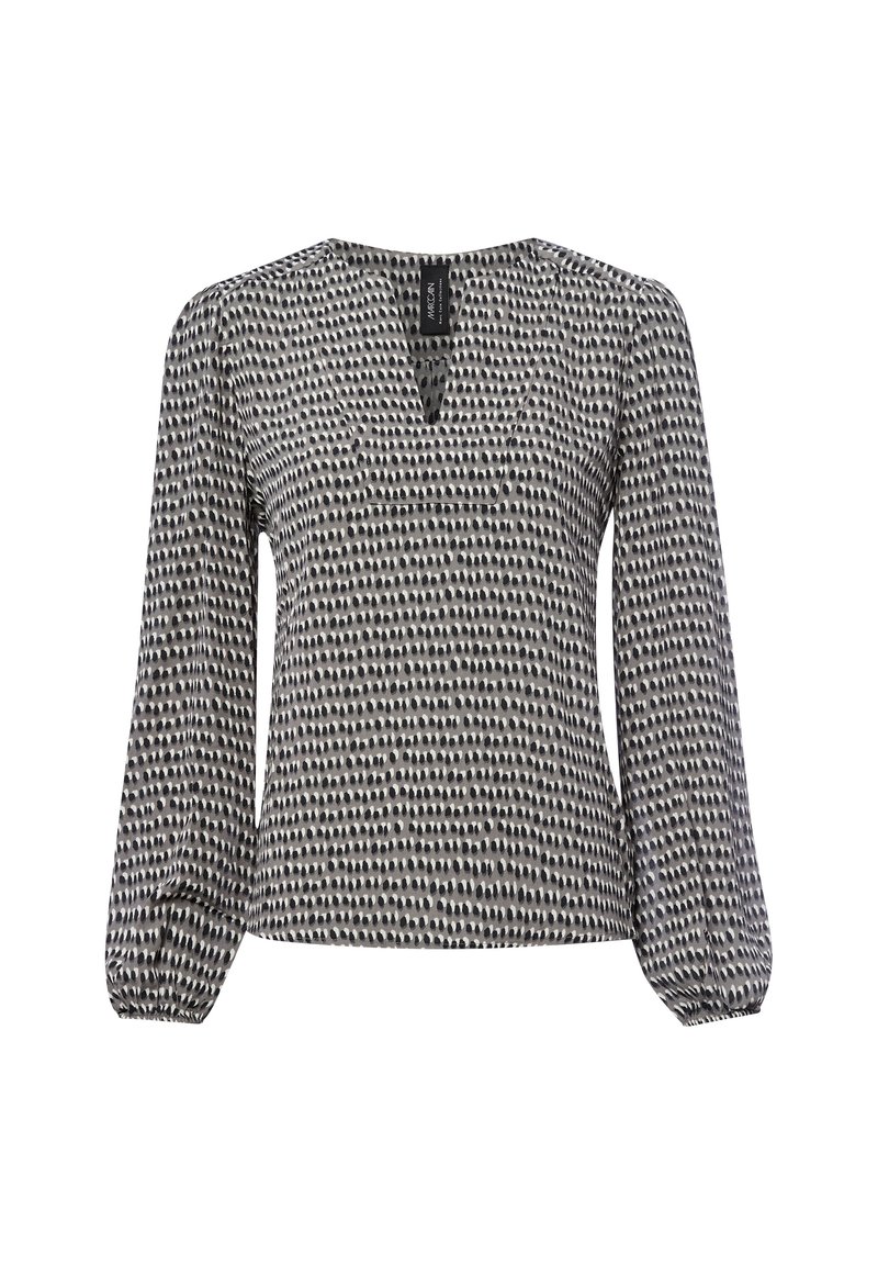 Langarm blouse in zwart en wit met een patroonontwerp, voorzien van een V-hals, gathered mouwen en een relaxte pasvorm. Gemaakt van lichtgewicht stof.