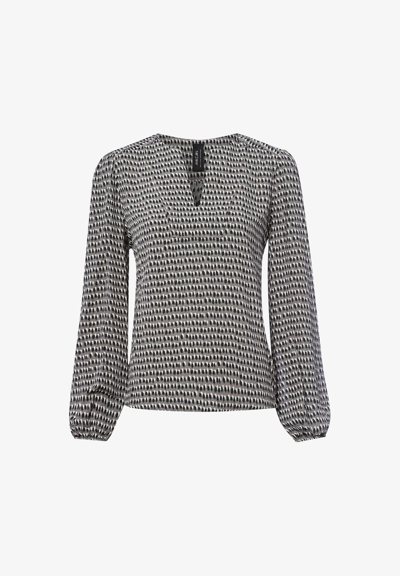 Langarm blouse in zwart en wit met een patroonontwerp, voorzien van een V-hals, gathered mouwen en een relaxte pasvorm. Gemaakt van lichtgewicht stof.