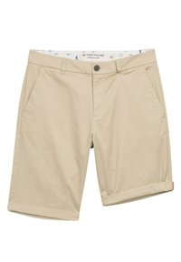 Beige Baumwollshorts mit umgeschlagenem Saum, zwei seitlichen Taschen und einem Knopfverschluss. Die Innenseite besitzt einen gemusterten Bund. Größe 32.