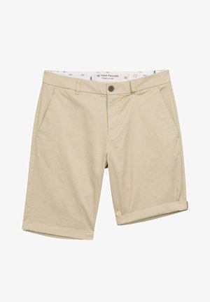 Beige Baumwollshorts mit umgeschlagenem Saum, zwei seitlichen Taschen und einem Knopfverschluss. Die Innenseite besitzt einen gemusterten Bund. Größe 32.