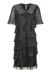 Schwarzes, knielanges Kleid mit V-Ausschnitt und Schlüsselloch-Rücken, das aus schichtenweise, fransiger leichtgewichtiger Stoff und einer schimmernden Textur besteht.