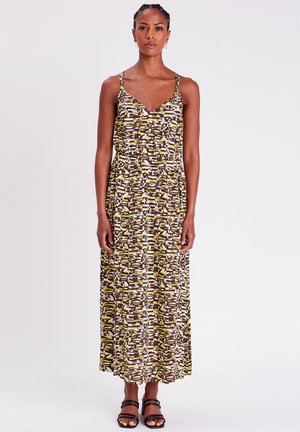 Maxikleid mit geometrischem Muster in Braun-, Grün- und Cremetönen. V-Ausschnitt, dünne Träger und elastische Taillendetails.