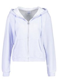 Světlomodrá mikina na zip s kapucí, předními kapsami, žebrovanými manžetami a hladkou texturou. Má přední zip a šňůrky na stažení.