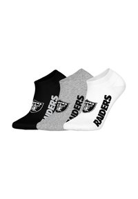 Three pairs of ankle socks in black, gray, and white. Each features the word "RAIDERS" and a logo in black. Cotton blend material.